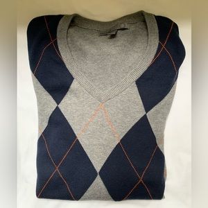 Old Navy large sweater. Gray. Orange. Navy.  Vneck.